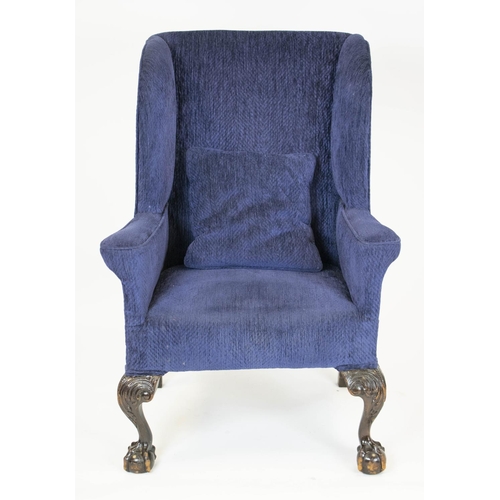 145 - WING ARMCHAIR, 106cm H x 75cm, early 20th century in navy blue chenille.