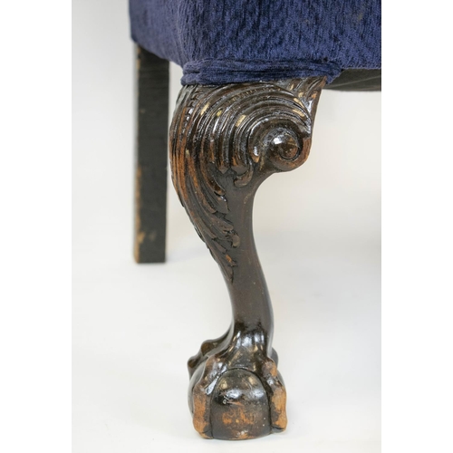 145 - WING ARMCHAIR, 106cm H x 75cm, early 20th century in navy blue chenille.