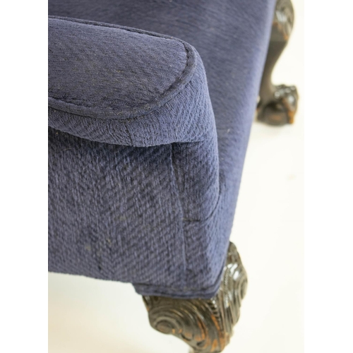 145 - WING ARMCHAIR, 106cm H x 75cm, early 20th century in navy blue chenille.