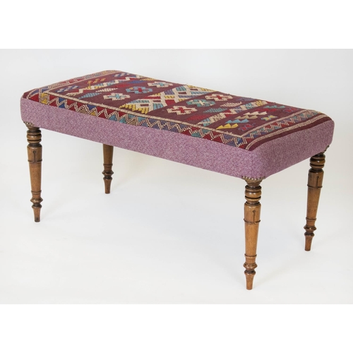 147 - STOOL, 47cm H x 95cm W x 48cm D, part William IV rosewood in kilim and mauve upholstery.