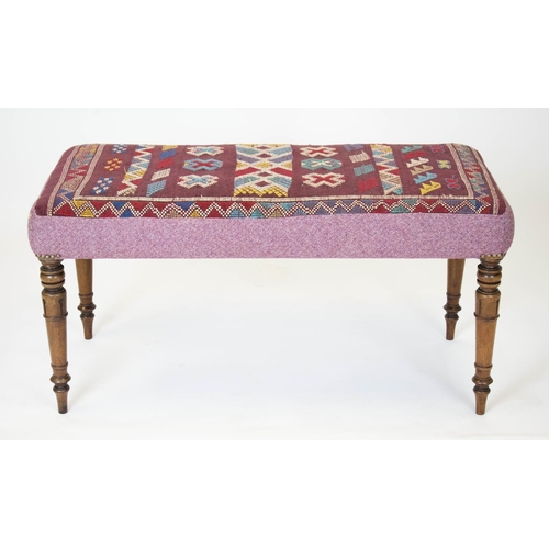 147 - STOOL, 47cm H x 95cm W x 48cm D, part William IV rosewood in kilim and mauve upholstery.