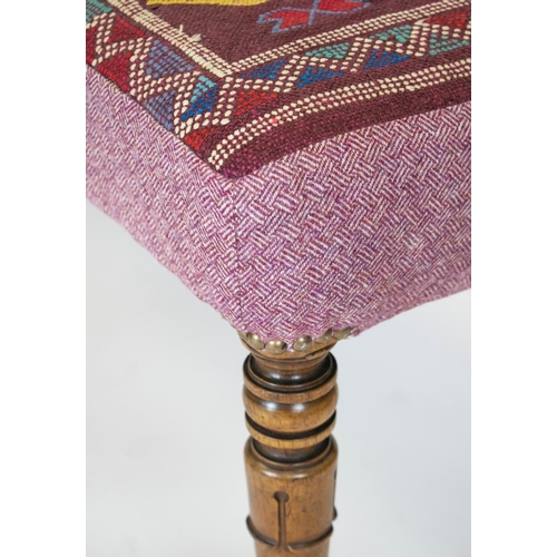 147 - STOOL, 47cm H x 95cm W x 48cm D, part William IV rosewood in kilim and mauve upholstery.