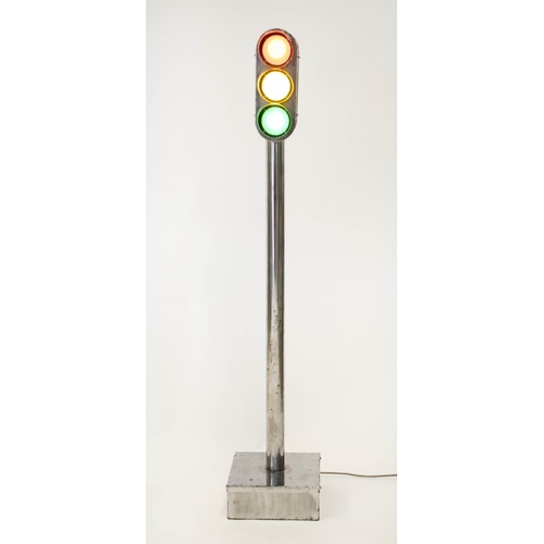 156 - TRAFFIC LIGHTS FLOOR LAMP, 150cm H x 30cm W, French polished steel.