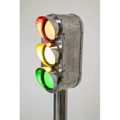 156 - TRAFFIC LIGHTS FLOOR LAMP, 150cm H x 30cm W, French polished steel.