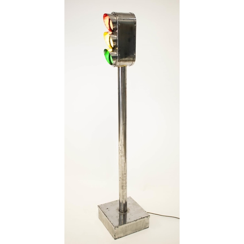 156 - TRAFFIC LIGHTS FLOOR LAMP, 150cm H x 30cm W, French polished steel.