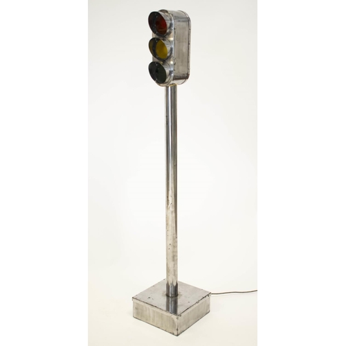 156 - TRAFFIC LIGHTS FLOOR LAMP, 150cm H x 30cm W, French polished steel.