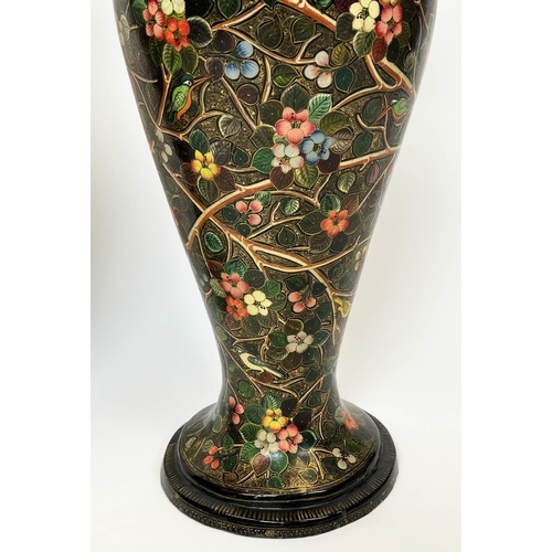 17 - KASHMIRI VASES, a pair, Indian multi-coloured papier mache, having scrolling foliate branch decorati... 