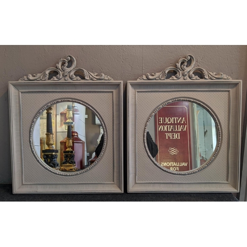 439 - WALL MIRRORS, a pair, French provincial style, grey painted frames, 48cm x 59cm. (2)