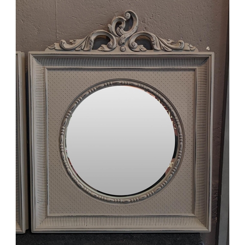 439 - WALL MIRRORS, a pair, French provincial style, grey painted frames, 48cm x 59cm. (2)