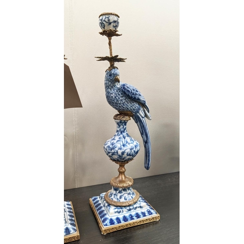 446 - CANDELABRA, a pair, 48cm H, in the form of cockatoos, blue and white ceramic, gilt metal mounts. (2)