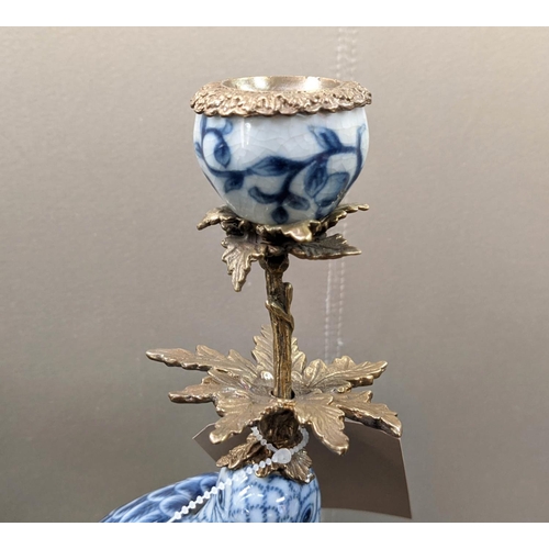 446 - CANDELABRA, a pair, 48cm H, in the form of cockatoos, blue and white ceramic, gilt metal mounts. (2)