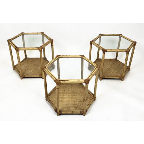 94 - LAMP TABLES, a set of three vintage bamboo and cane bound with hexagonal glass tops, 39cm H x 51cm x... 