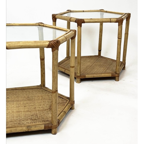 94 - LAMP TABLES, a set of three vintage bamboo and cane bound with hexagonal glass tops, 39cm H x 51cm x... 