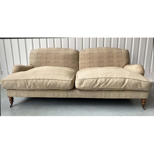 97 - SOFA, Howard style silk weave upholstery down filled cushion pads and turned front supports, 260cm.