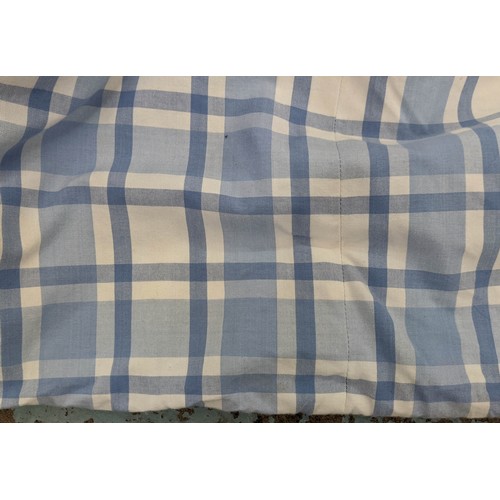 455 - CURTAINS, a pair, 210cm drop x 110cm gathered, checkered fabric, lined and interlined. (2)