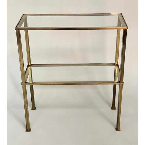 110 - CONSOLE TABLE, 1970's Maison Jansen style gilt metal rectangular with two glazed shelves, 61cm x 70c... 