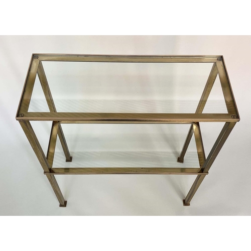 110 - CONSOLE TABLE, 1970's Maison Jansen style gilt metal rectangular with two glazed shelves, 61cm x 70c... 