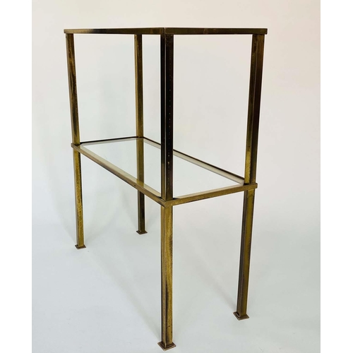 110 - CONSOLE TABLE, 1970's Maison Jansen style gilt metal rectangular with two glazed shelves, 61cm x 70c... 