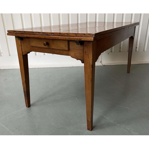 118 - FARMHOUSE HARVEST TABLE, 19th century cherrywood planked and cleated with two additional drawleaves,... 