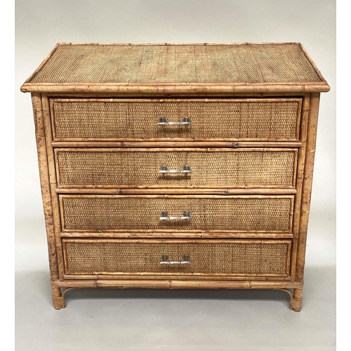 125 - BAMBOO CHEST, framed and cane panelled with three long drawers, 86cm W x 50cm D x 78cm H.