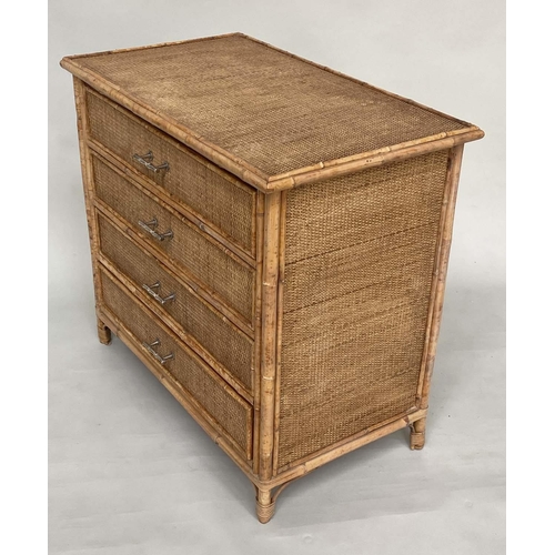 125 - BAMBOO CHEST, framed and cane panelled with three long drawers, 86cm W x 50cm D x 78cm H.