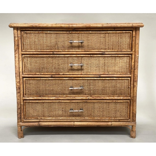 125 - BAMBOO CHEST, framed and cane panelled with three long drawers, 86cm W x 50cm D x 78cm H.