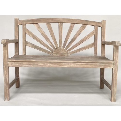 126 - SUNBURST GARDEN BENCH, weathered teak of slatted construction with sunburst arched back, 120cm W.