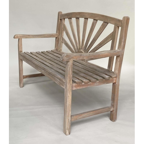 126 - SUNBURST GARDEN BENCH, weathered teak of slatted construction with sunburst arched back, 120cm W.