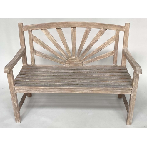 126 - SUNBURST GARDEN BENCH, weathered teak of slatted construction with sunburst arched back, 120cm W.