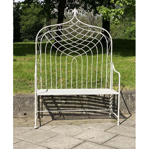 132 - GARDEN BENCH, folding wrought iron and painted with crest back, slatted seat and fold down arms, 115... 