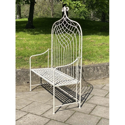 132 - GARDEN BENCH, folding wrought iron and painted with crest back, slatted seat and fold down arms, 115... 