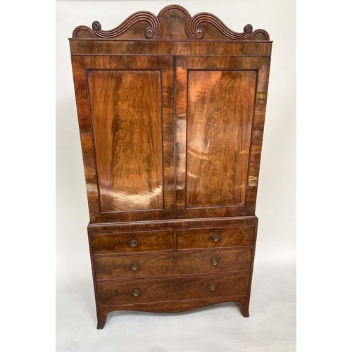 96 - LINEN PRESS, Regency flame mahogany, scroll cornice above two panelled doors (original slide trays) ... 