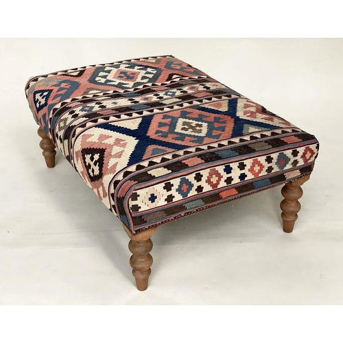 99 - KELIM FOOTSTOOL BY GEORGE SMITH, rectangular kelim upholstered with turned tapering supports, labele... 