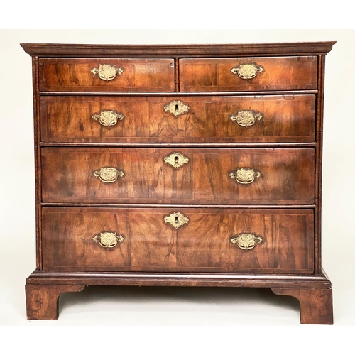 102 - CHEST, early 18th century English Queen Anne figured walnut and crossbanded with two short above thr... 