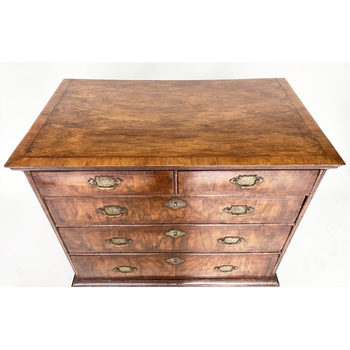 102 - CHEST, early 18th century English Queen Anne figured walnut and crossbanded with two short above thr... 