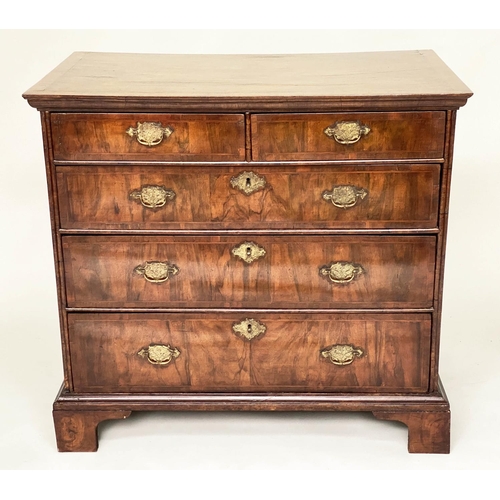 102 - CHEST, early 18th century English Queen Anne figured walnut and crossbanded with two short above thr... 