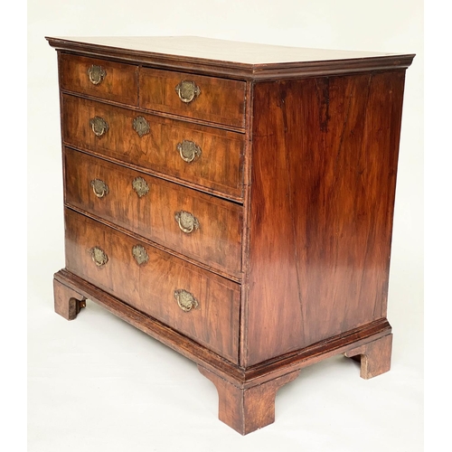 102 - CHEST, early 18th century English Queen Anne figured walnut and crossbanded with two short above thr... 