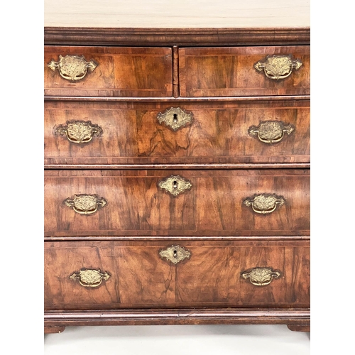 102 - CHEST, early 18th century English Queen Anne figured walnut and crossbanded with two short above thr... 