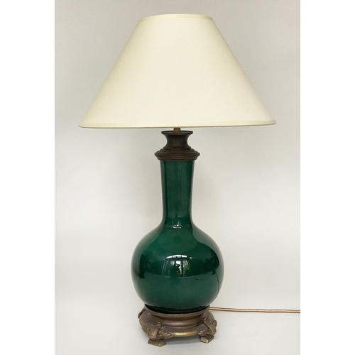 103 - TABLE LAMPS, a pair, Chinese emerald green ceramic and bronze mounted of gourd vase form with shades... 