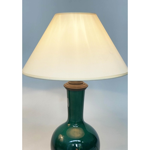 103 - TABLE LAMPS, a pair, Chinese emerald green ceramic and bronze mounted of gourd vase form with shades... 