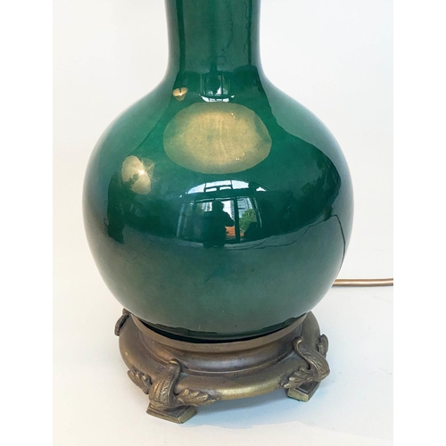 103 - TABLE LAMPS, a pair, Chinese emerald green ceramic and bronze mounted of gourd vase form with shades... 