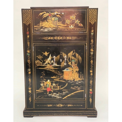 111 - ART DECO COCKTAIL CABINET, black lacquered and gilt polychrome Chinoiserie decorated with rising lid... 