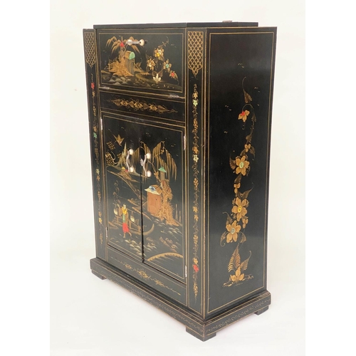 111 - ART DECO COCKTAIL CABINET, black lacquered and gilt polychrome Chinoiserie decorated with rising lid... 