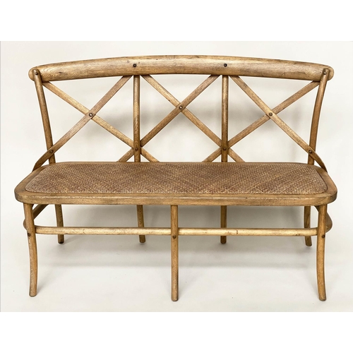 116 - HALL SEAT, Oka style ash bentwood with X lattice back and woven cane seat, 135cm W.