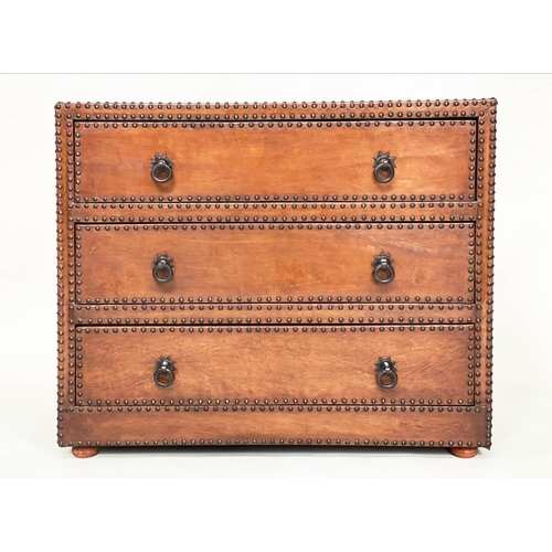 117 - LEATHER STUDDED CHEST, 1970's mid brown leather and brass studded with three long drawers and starbu... 