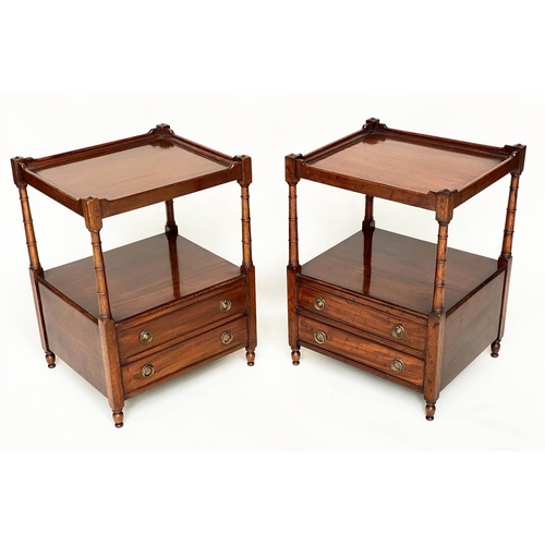 122 - LAMP TABLES, George III style mahogany, each with gallery, two tiers and two drawers, 48cm W x 42cm ... 