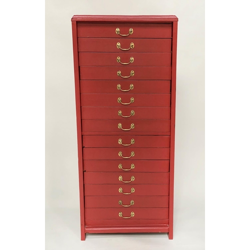 134 - BANK OF DRAWERS, early 20th century cardinal red painted with fifteen drawers and brass handles, 134... 