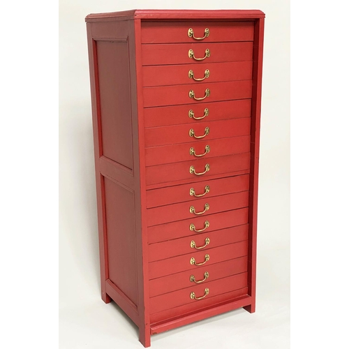 134 - BANK OF DRAWERS, early 20th century cardinal red painted with fifteen drawers and brass handles, 134... 