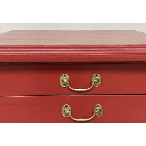 134 - BANK OF DRAWERS, early 20th century cardinal red painted with fifteen drawers and brass handles, 134... 