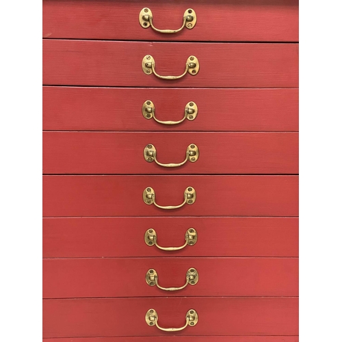 134 - BANK OF DRAWERS, early 20th century cardinal red painted with fifteen drawers and brass handles, 134... 